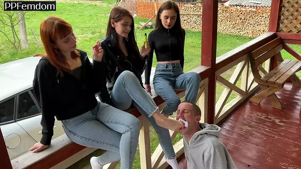 Femdom Threesome Outdoor Foot Domination