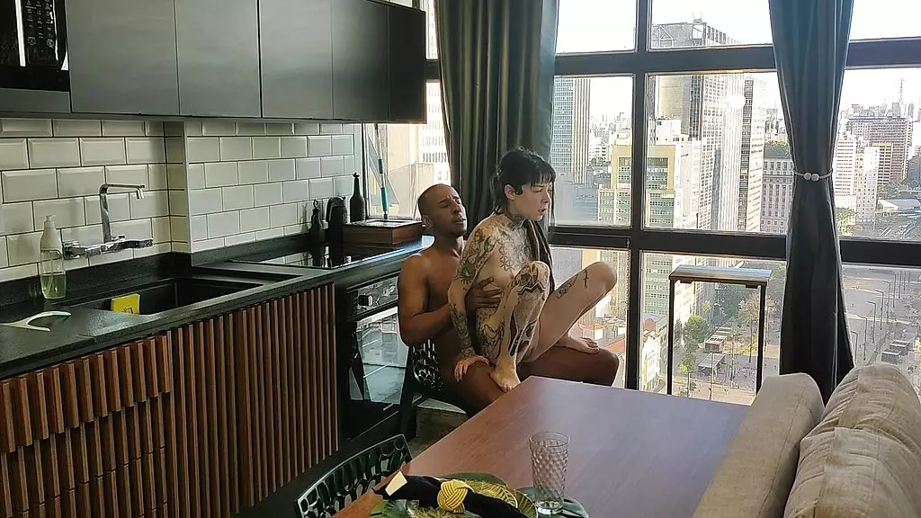 Latina Tattooed Babe Interracial Kitchen Sex