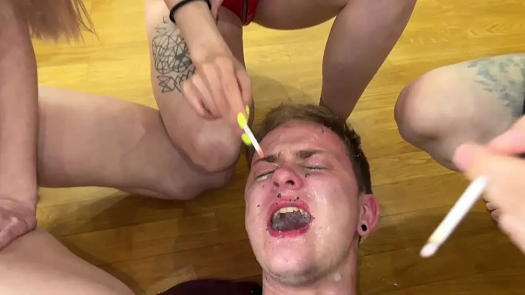 Latex Goddesses Humiliate Muscular Guy in Anal Orgasm Session